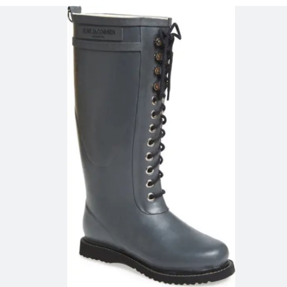 ILSE JACOBSEN Handmade Tall Gray Lace Up Rubber Boots Rainboots 37 6.5 7 Gorp
